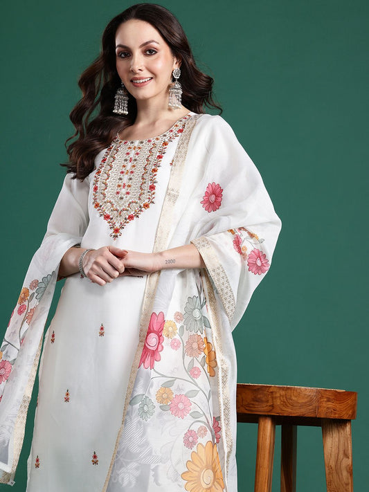 Dhiyona IE Floral Embroidered Thread Work Kurta With Trousers & Dupatta