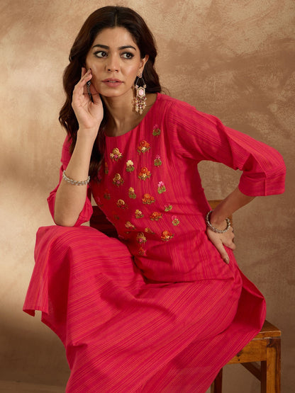 Dhiyona IE Floral Embroidered Pure Cotton Straight Kurta with Trouser