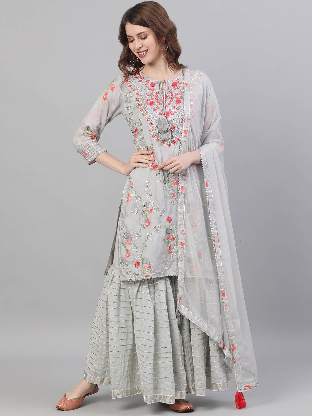 Dhiyona IS Women's Floral Embroidered Mirror Work Pure Silk Kurta with Sharara & Dupatta