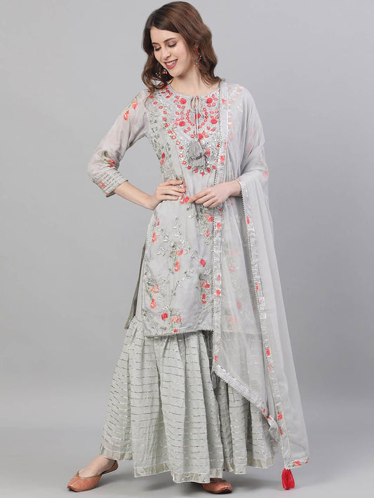 Dhiyona IS Women's Floral Embroidered Mirror Work Pure Silk Kurta with Sharara & Dupatta