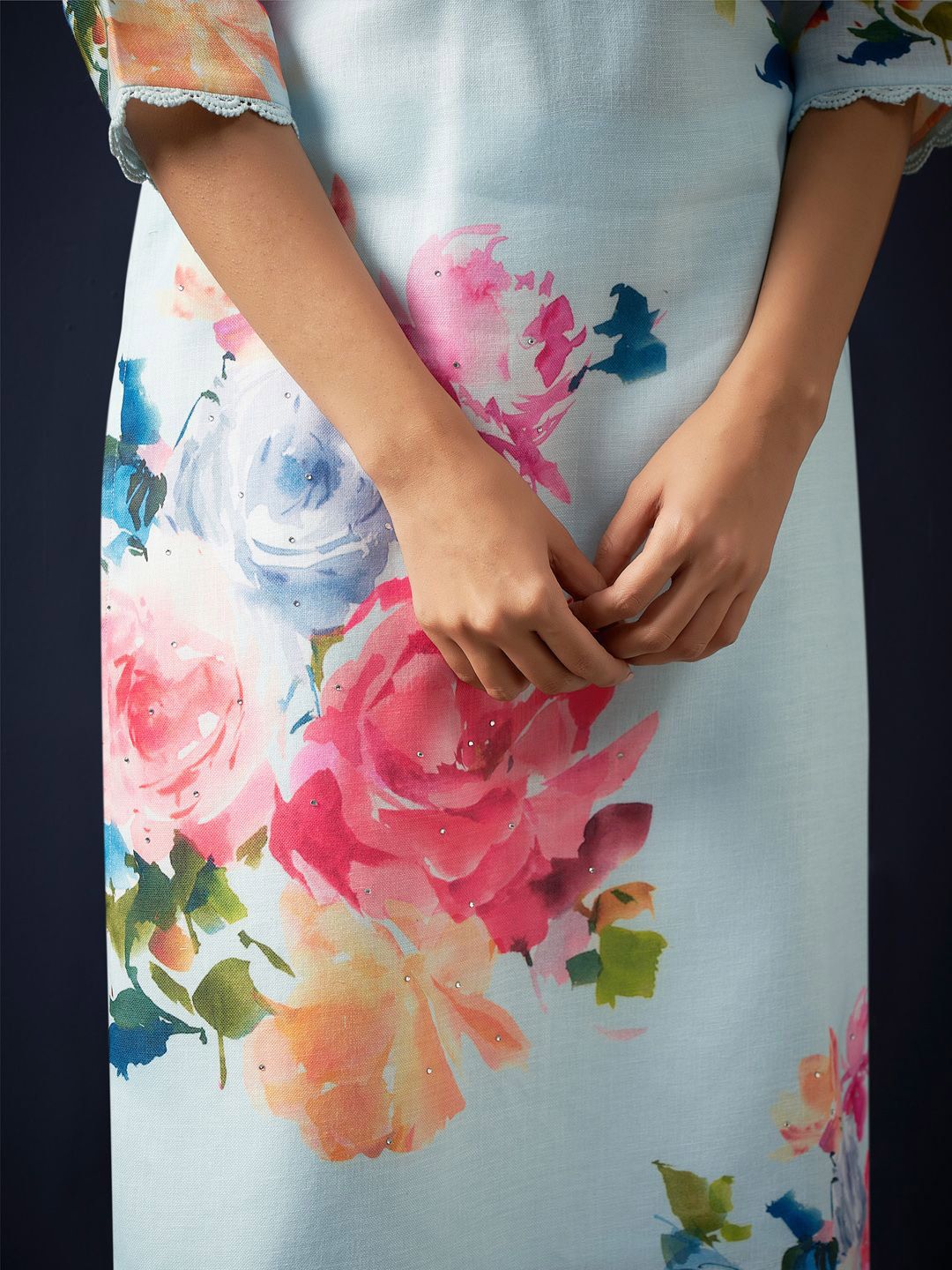 Dhiyona IE Floral Printed Regular Linen Straight Kurta With Trousers & Dupatta