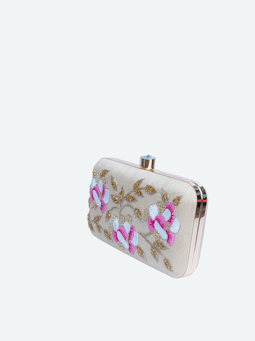 Dhiyona NR Women Beige & Pink Hand Embroidered Box Clutch