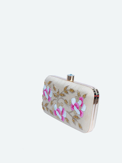 Dhiyona NR Women Beige & Pink Hand Embroidered Box Clutch