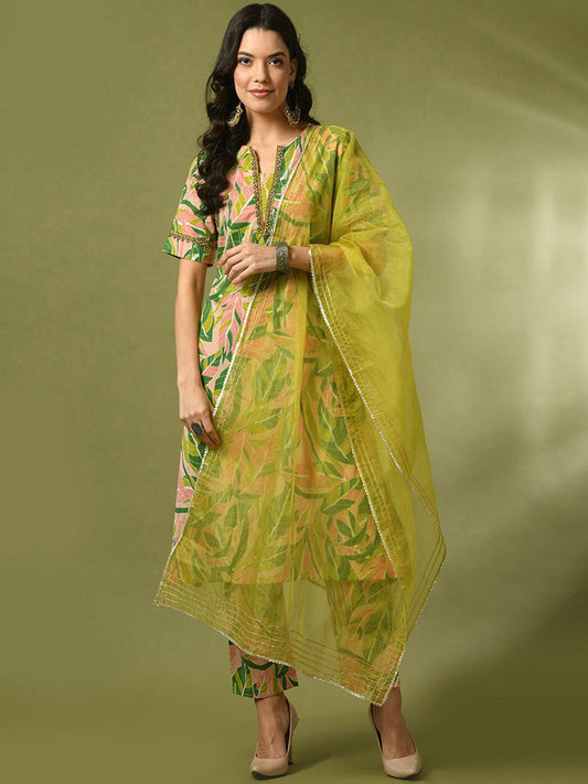 Dhiyona SN Women's Floral Printed Cotton Straight Kurta With Trousers & Duppatta