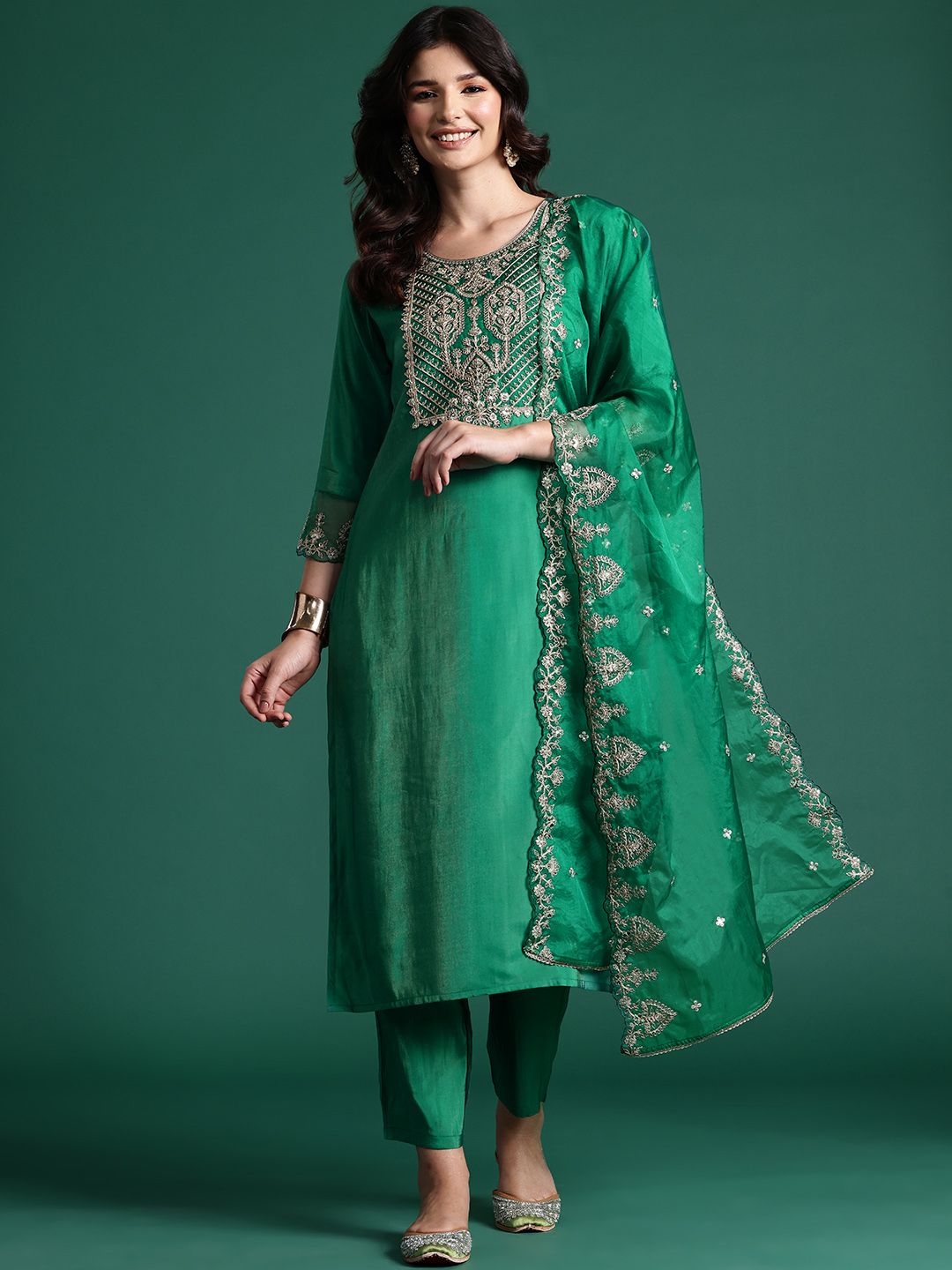 Dhiyona IE Ethnic Motifs Zari Embroidered Kurta with Trousers & With Dupatta
