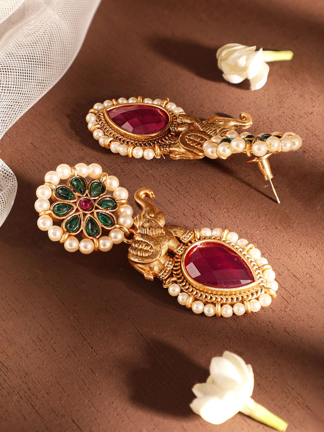 Dhiyona RJ Women's 18K Gold-Plated Red & Green Stone Studded Elephant Motif Earring with Pearl Accents