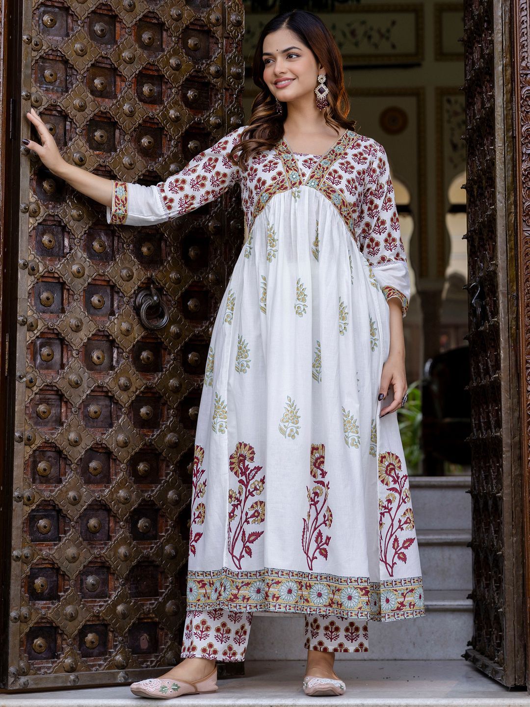 Floral Printed Empire Pure Cotton A-Line Kurta With Trousers & Dupatta