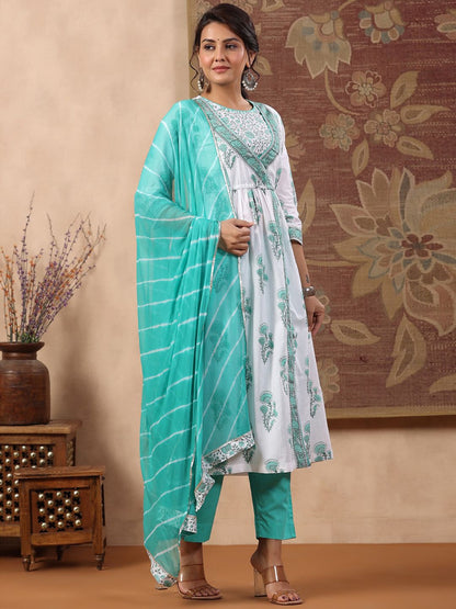 Dhiyona RR Women's Floral Printed Angrakha Pure Cotton Kurta with Trousers & With Dupatta
