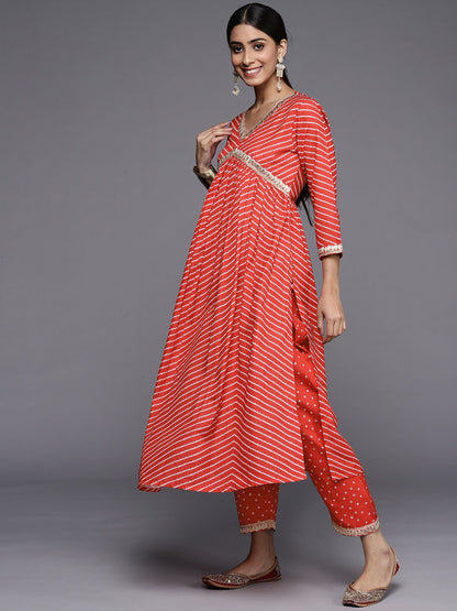Dhiyona VA Women's Red Leheriya Embroidered Empire Kurta with Trousers & With Dupatta