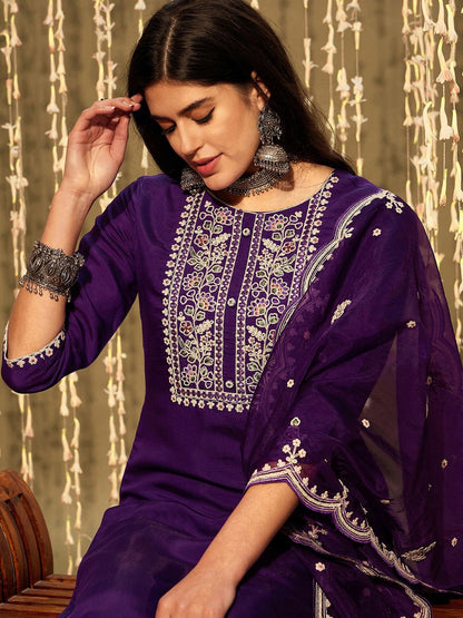 Dhiyona IE Purple Floral Yoke Design Thread Work Straight Kurta With Trousers & Dupatta