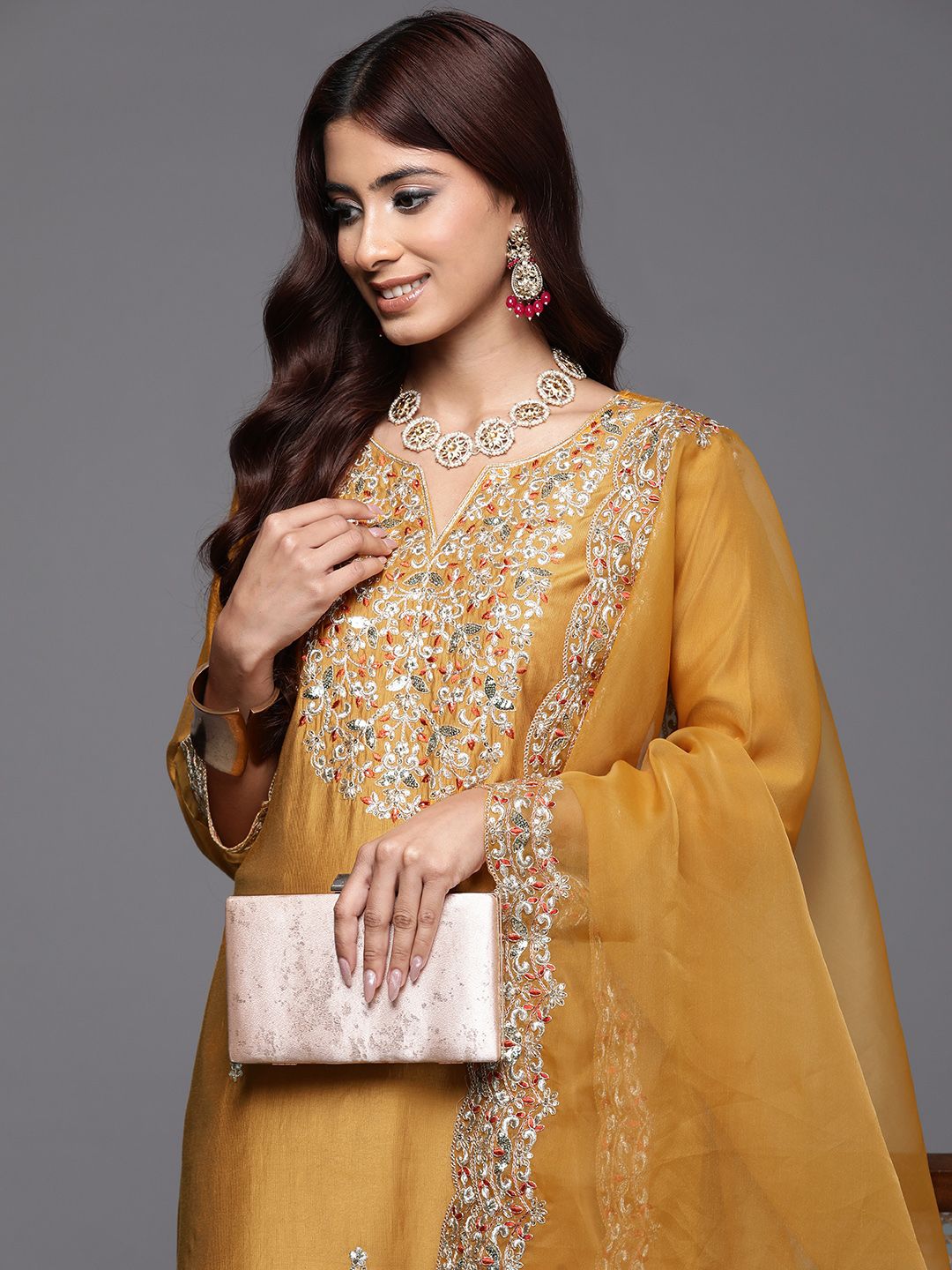 Dhiyona IE Floral Embroidered Sequinned Liva Kurta with Trousers & Dupatta