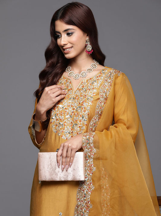 Dhiyona IE Floral Embroidered Sequinned Liva Kurta with Trousers & Dupatta