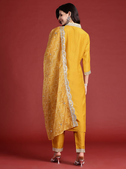 Ethnic Motifs Yoke Design Zari Kurta With Trousers & Dupatta