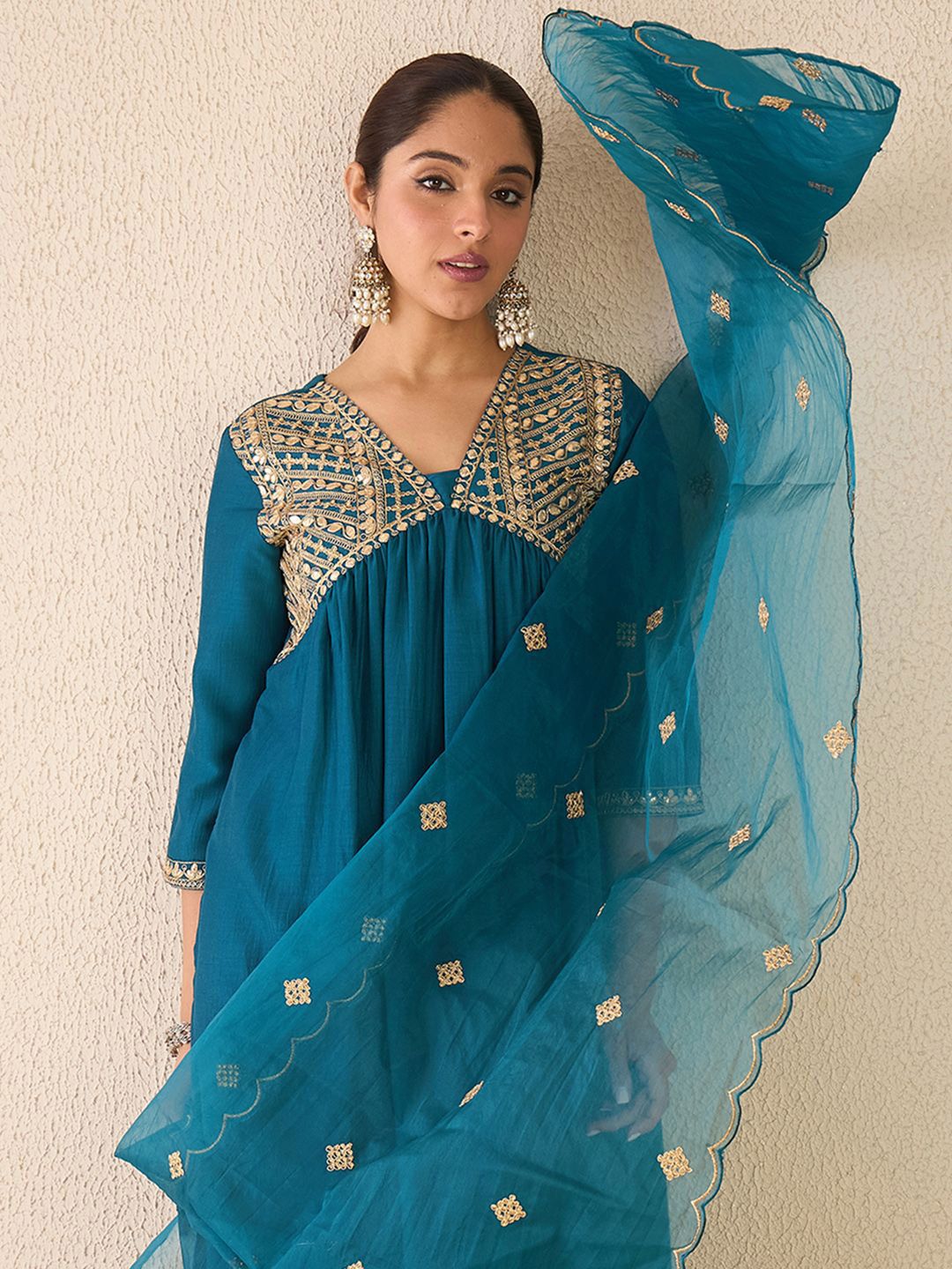 Dhiyona IE Women Ethnic Motifs Embroidered Empire Gotta Patti Kurta with Trousers & With Dupatta