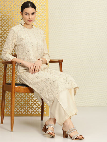 Dhiyona PD Women Women Jashn Round Neck Sequinned Embroidered Kurta With Palazzo