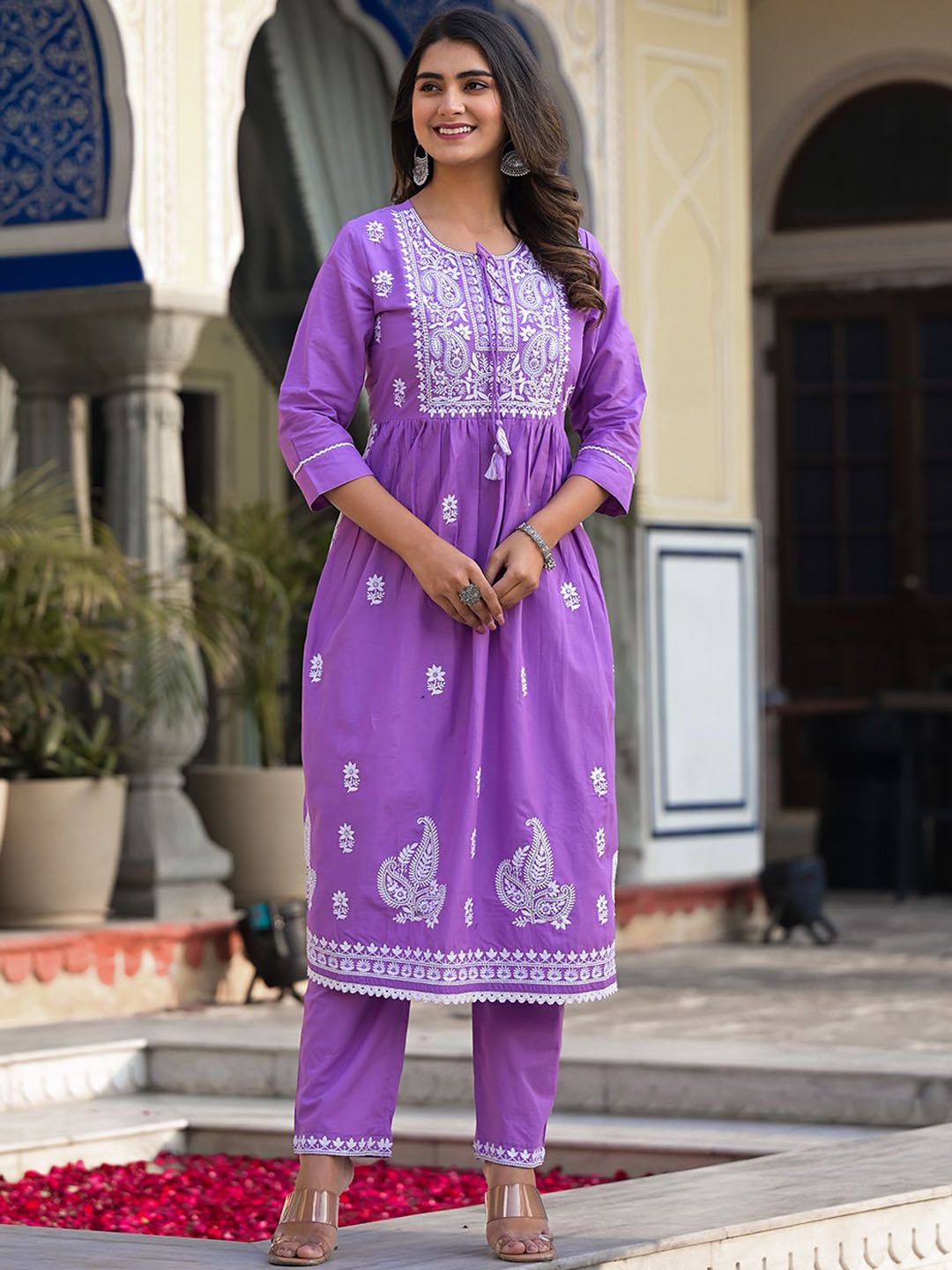 Dhiyona VA Women'sEthnic Motifs Embroidered Thread Work Pure Cotton Kurta with Trousers & Dupatta