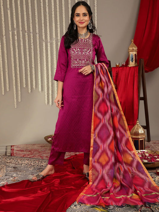 Dhiyona VA Women'sEthnic Motifs Woven Design Regular Zari Work Kurta With Trousers & Dupatta