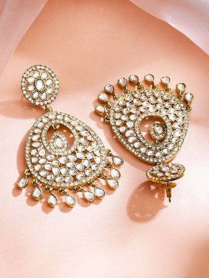 Dhiyona RJ Women's 22K Gold-Plated Kundan Studded Handcrafted Chandelier Earrings with Kundan Droplets