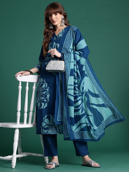 Dhiyona IE Floral Printed Pure Cotton Kurta With Trousers & Dupatta