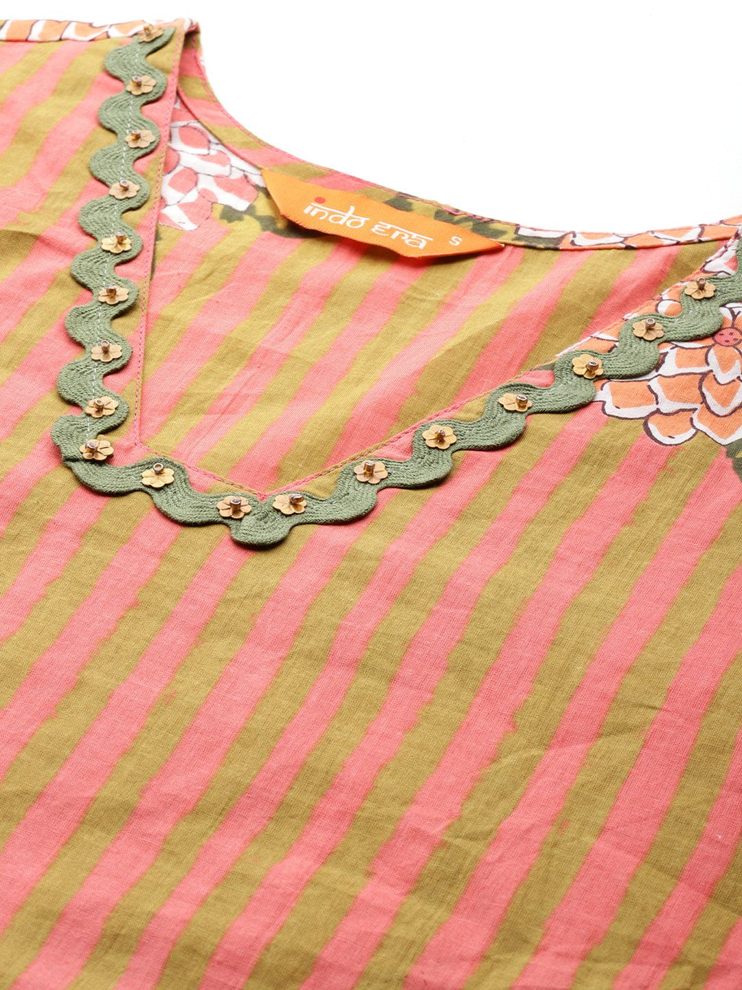 Striped Beads & Stones Pure Cotton Kurta With Trousers & Dupatta