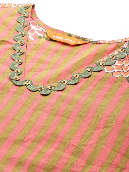 Striped Beads & Stones Pure Cotton Kurta With Trousers & Dupatta