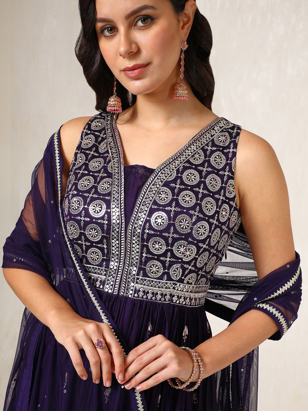 Dhiyona SO Women's Embroidered Empire Sequinned Anarkali Kurta with Churidar & Dupatta
