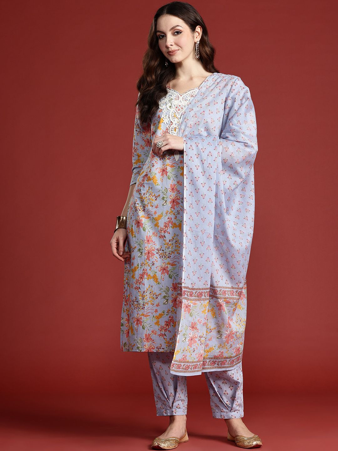 Floral Printed Pure Cotton Kurta with Salwar & With Dupatta