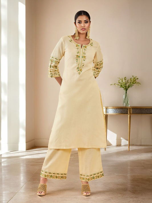 Dhiyona SO Women's Floral Embroidered Regular Thread Work Kurta with Palazzos