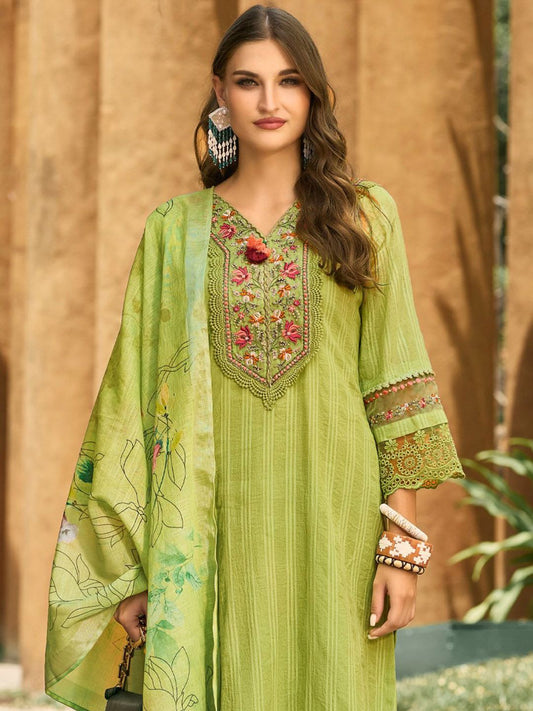 Dhiyona IE Women Floral Regular Thread Work Linen Kurta with Trousers & With Dupatta