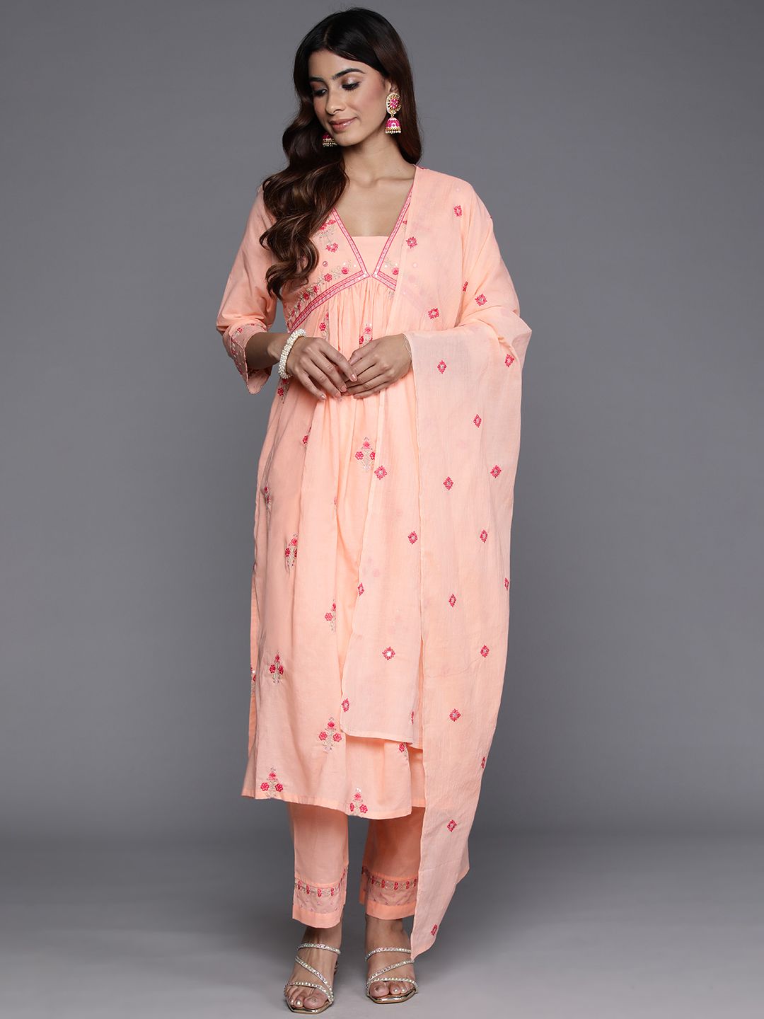 Dhiyona VA Women'sFloral Embroidered Empire Mirror Work Pure Cotton Kurta with Trousers & Dupatta