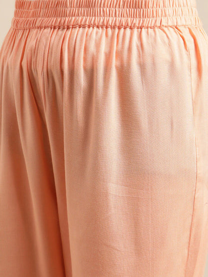 Dhiyona VA Women's Peach-Coloured Ethnic Motifs Printed Kaftan Kurta with Trousers