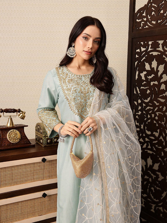 Dhiyona PD Women Floral Yoke Design Sequinned Jashn Kurta with Trousers & With Dupatta