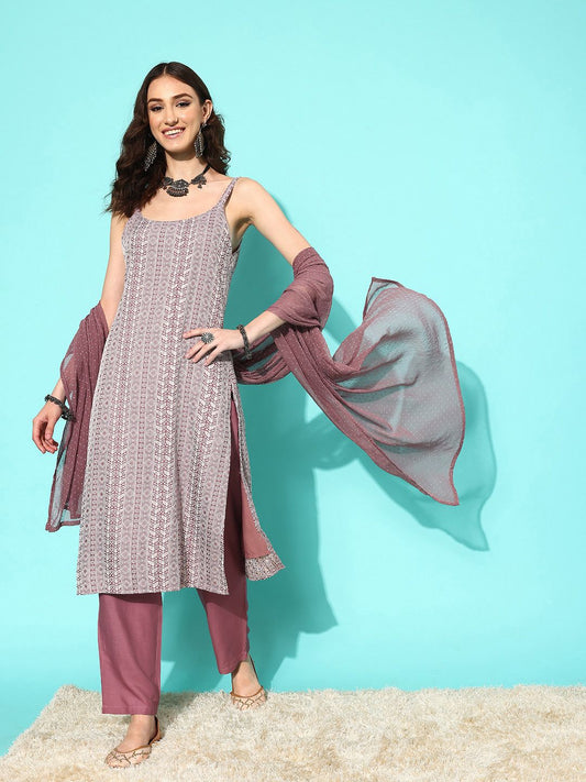Dhiyona VA Women's Mauve Ethnic Motifs Embroidered Regular Kurta with Trousers & With Dupatta