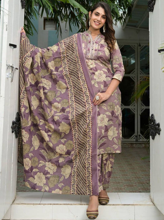 Dhiyona VA Women'sFloral Printed Regular Mirror Work Pure Cotton Kurta with Salwar & Dupatta