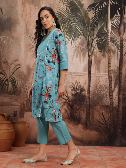 Dhiyona SN Women's Floral Print Lace Inserts Paneled Kurta With Trousers