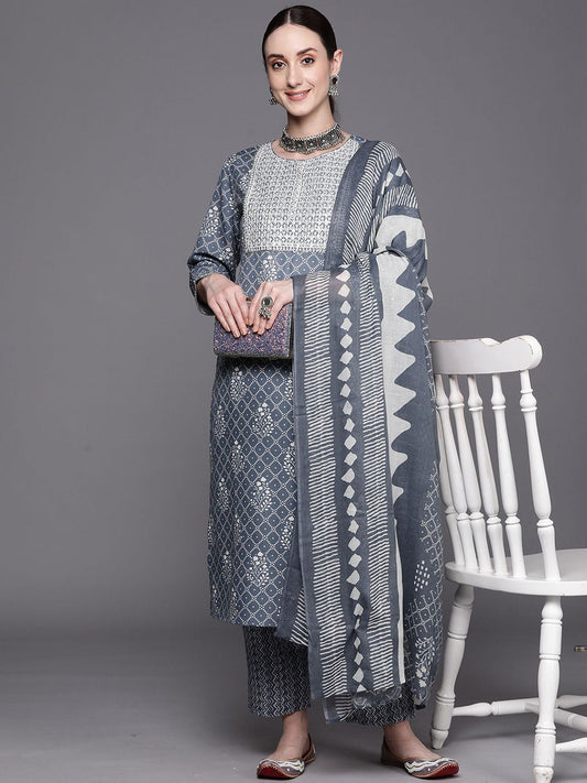 Dhiyona IE Women Floral Printed Regular Sequinned Pure Cotton Kurta with Trousers & With Dupatta