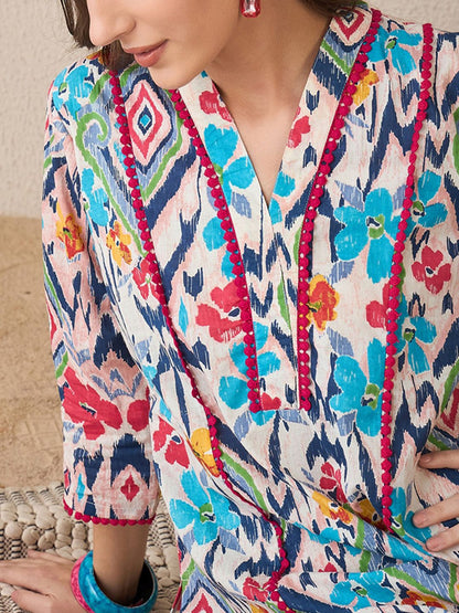 Dhiyona IE Floral Printed V-Neck Panelled Pure Cotton Straight Kurta With Trouser