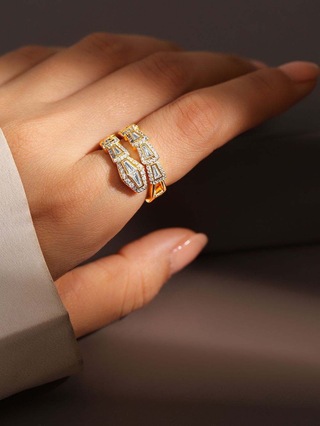 Dhiyona RJ Women's 18K Gold Plated Serpent Inspired Cubic Zirconia Studded Adjustable Ring