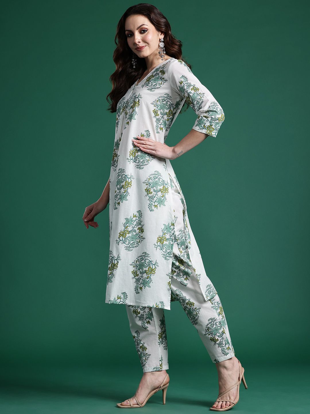 Floral Printed Pleated Pure Cotton Kurta with Trousers