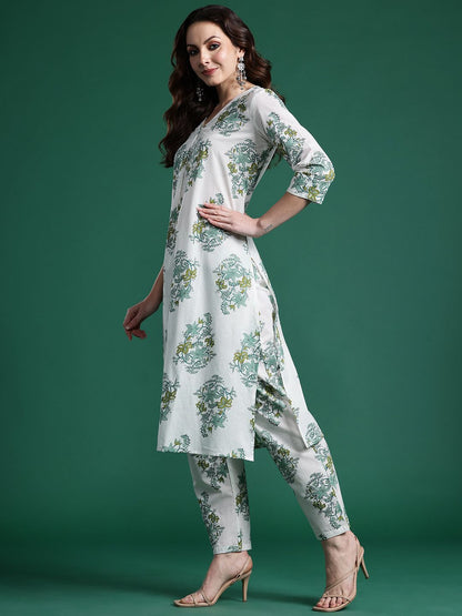 Floral Printed Pleated Pure Cotton Kurta with Trousers
