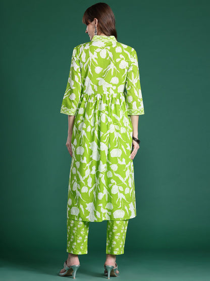 Dhiyona IE Floral Printed Empire Sequinned Pure Cotton Kurta with Trousers