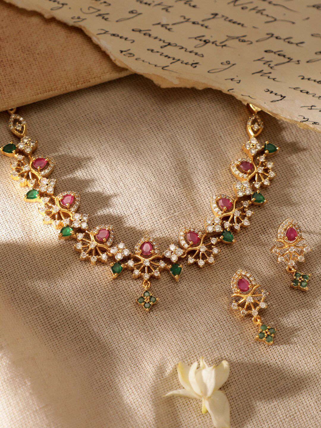 Dhiyona RJ Women's Gold-Plated CZ and Ruby & Emerald Studded Necklace Set