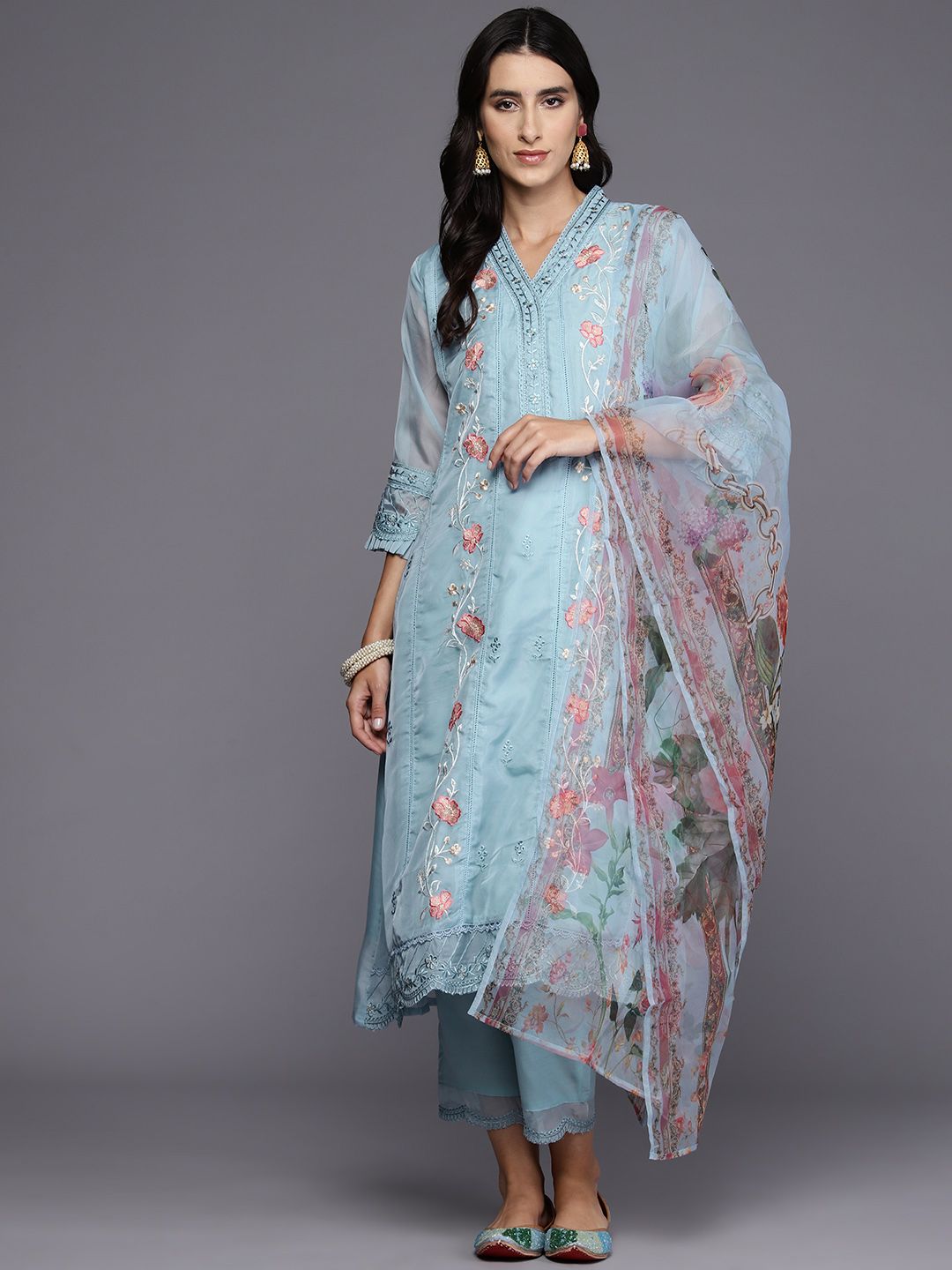 Dhiyona IE Women Floral Embroidered Regular Thread Work Kurta with Trousers & Dupatta