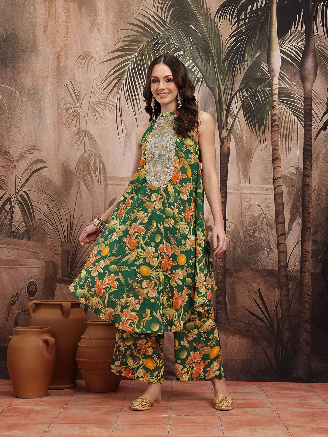 Dhiyona SN Women's Floral Print Pleated Sequinned Kurta with Palazzos