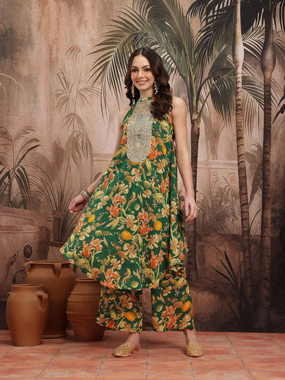 Dhiyona SN Women's Floral Print Pleated Sequinned Kurta with Palazzos