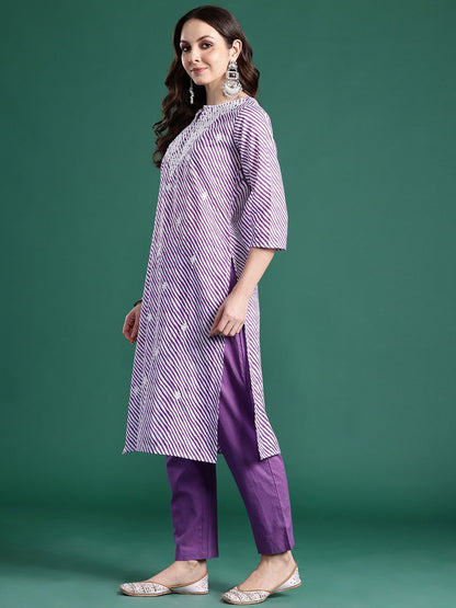 Dhiyona IE Leheriya Printed Thread Work Pure Cotton Kurta With Trousers & Dupatta