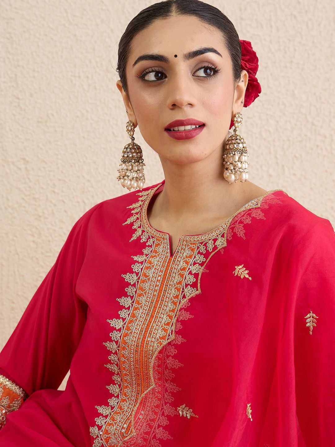 Ethnic Motifs Embroidered Notch Neck Straight Kurta With Trousers & Dupatta