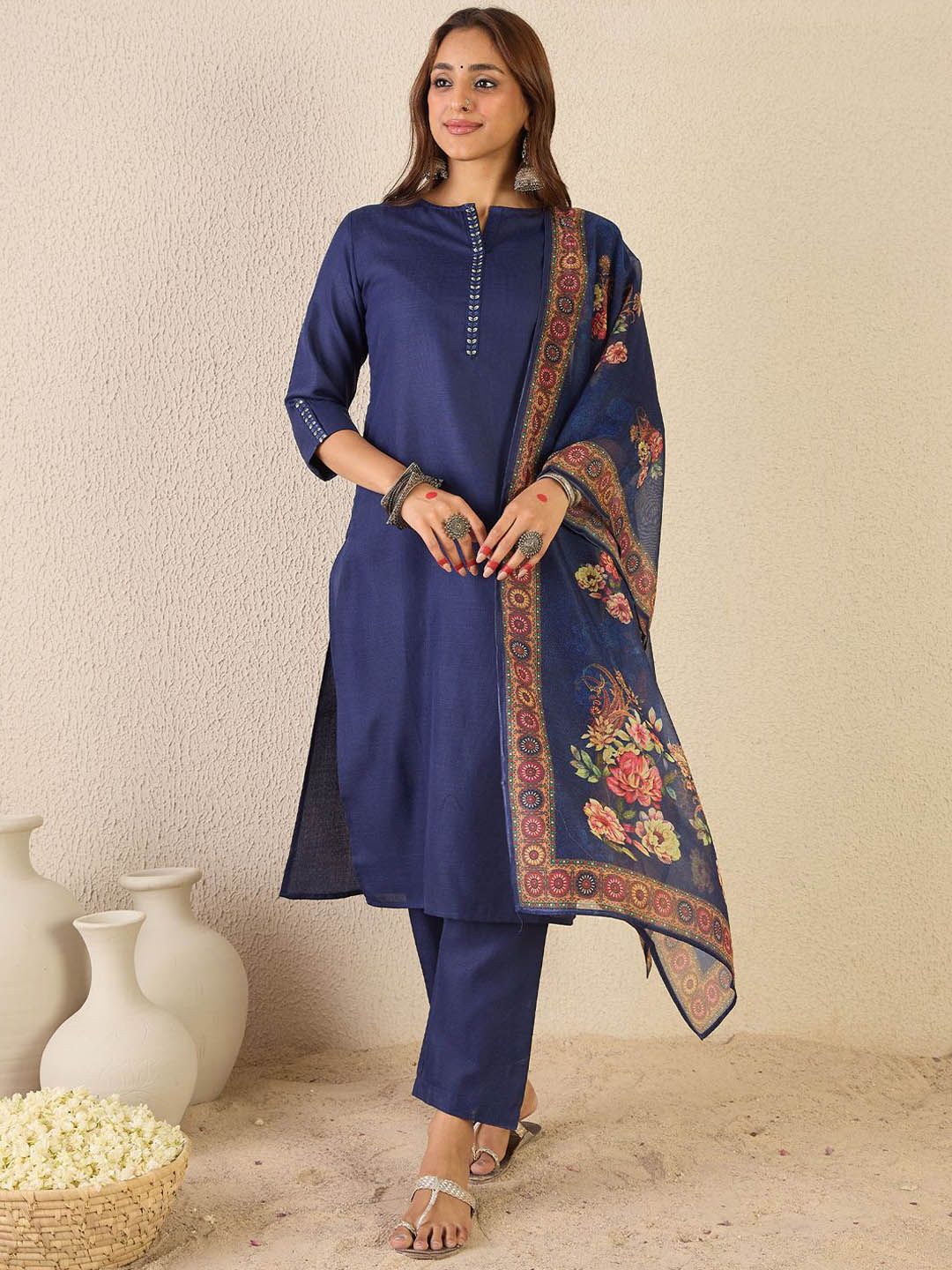Notch Neck Straight Kurta With Trousers & Dupatta