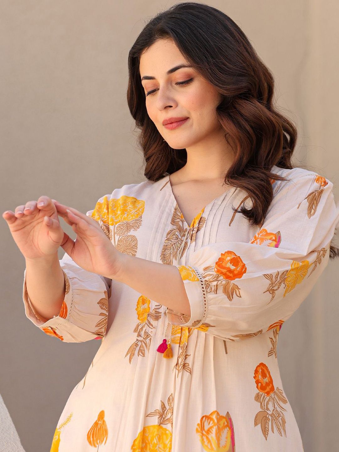 Dhiyona IE Printed Pure Cotton A-line Tunic & Trousers Co-Ord Set