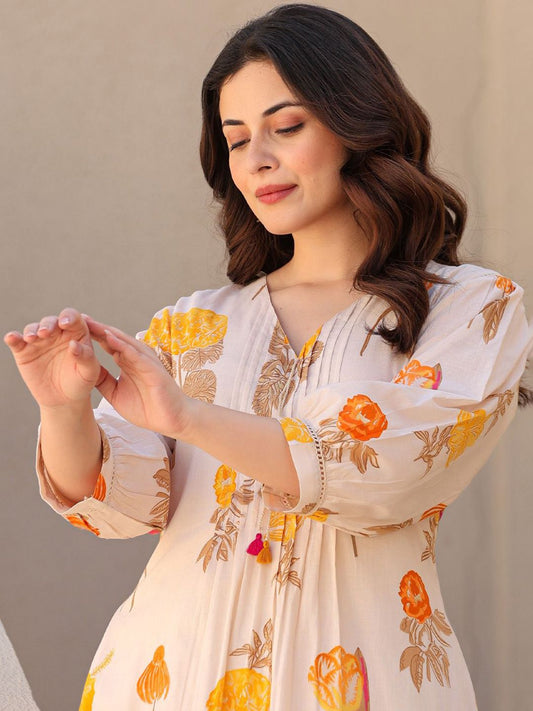 Dhiyona IE Printed Pure Cotton A-line Tunic & Trousers Co-Ord Set